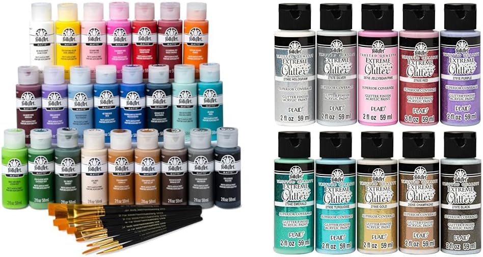 FolkArt 24 Bottle Acrylic Craft Paint Set with Brushes for Beginners