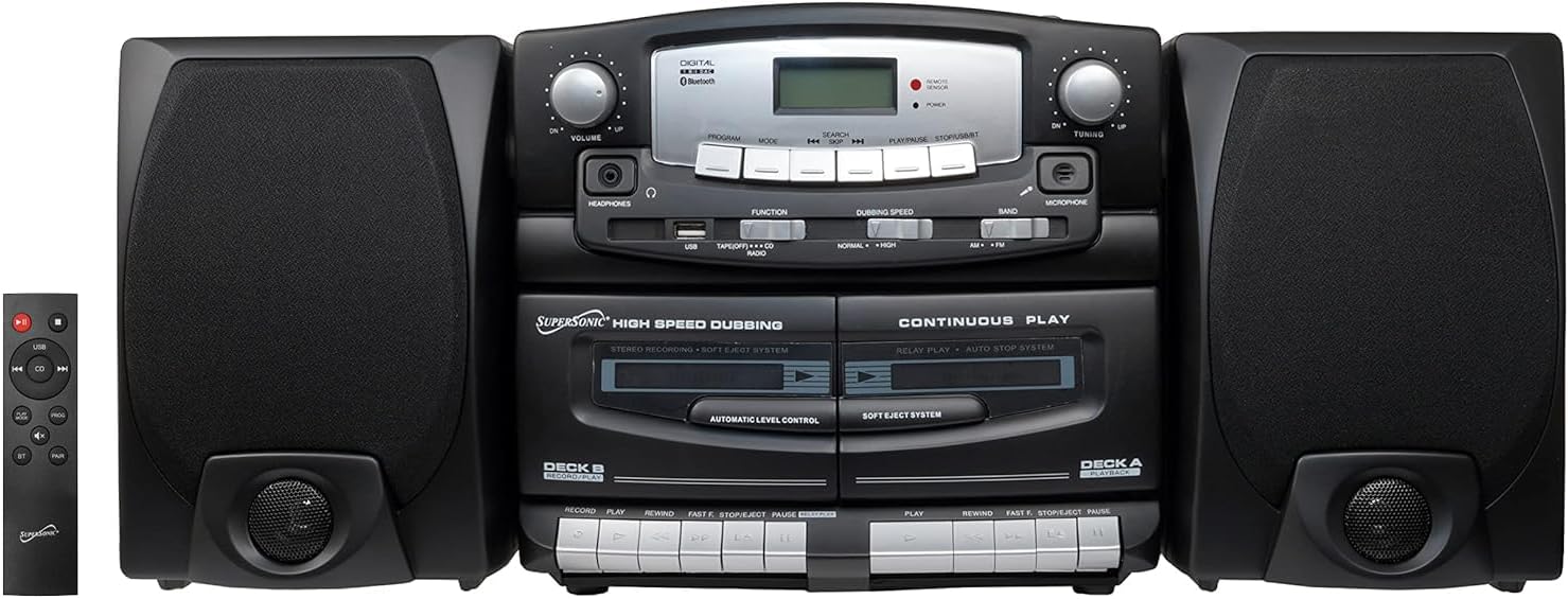Vintage Bluetooth Stereo System with Dual Cassette Player and USB