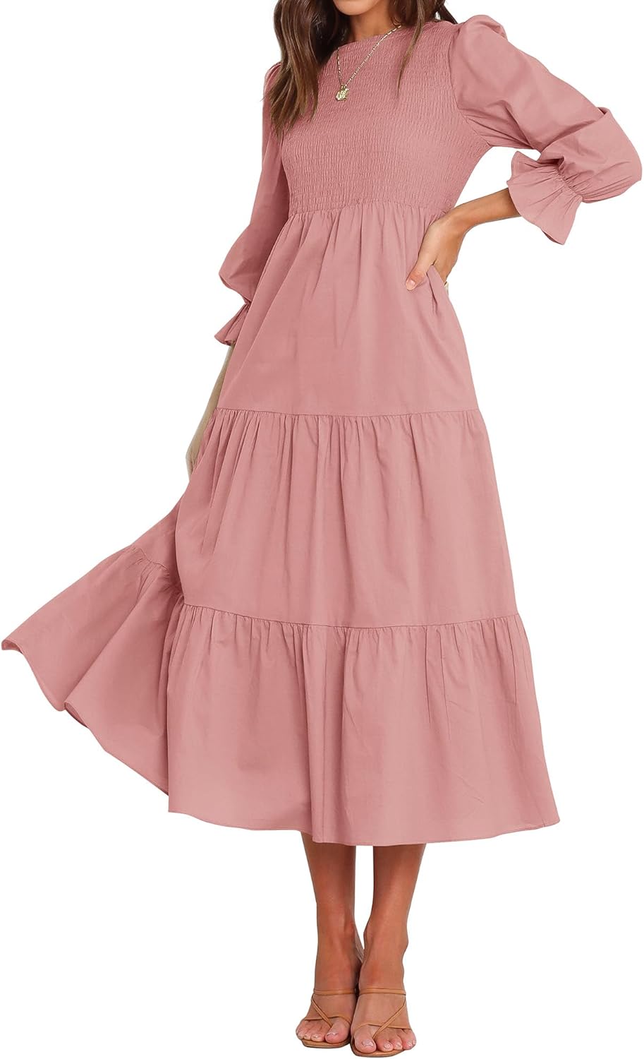 BTFBM Women Casual Long Sleeve Crew Neck Fall Maxi Dress
