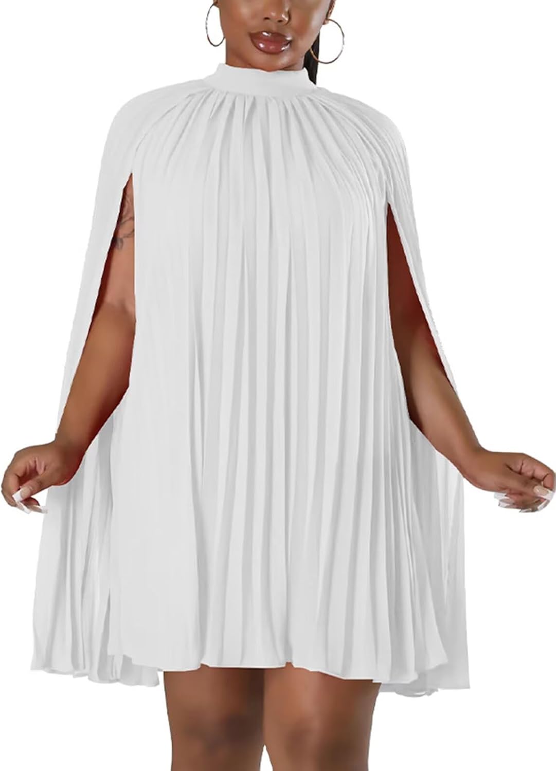 Womens Casual Cape Sleeve Pleated Split Short Dress for Parties