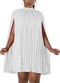 Womens Cape Sleeve Pleated Split Short Chiffon Dress - Elegant Flowy