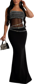 Women's Hot Drilling Mesh Rhinestone Dress - Long Sleeve SeeThrough
