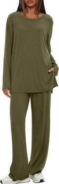 Women's 2 Piece Lounge Set Casual Long Sleeve Crew Neck Tops Wide Leg