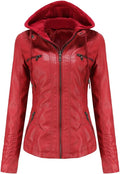 Faux Leather Jacket Women Motorcycle Coat with Removable Hood