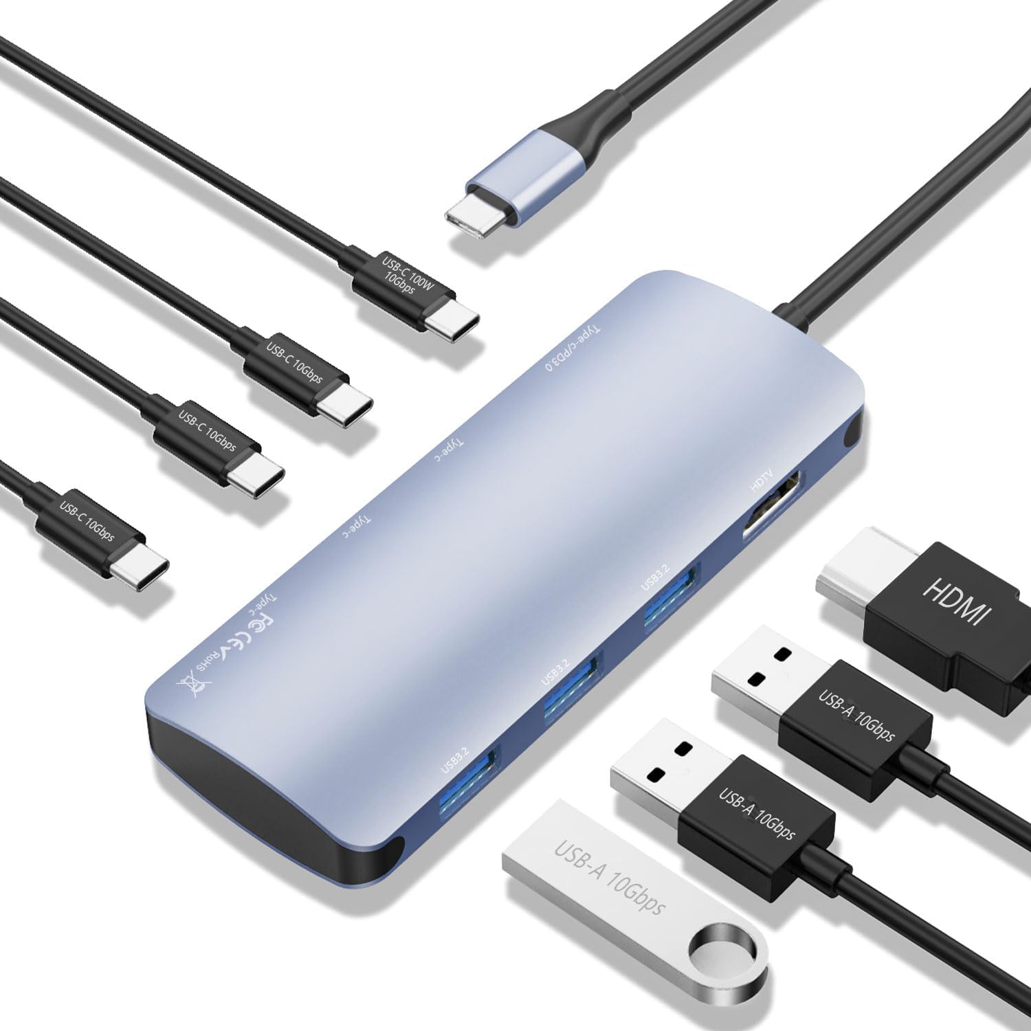 USB C to USB Hub 8-in-1 with 4K HDMI and 100W Power Delivery