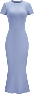 LOMON Women Fishtail Hem Ribbed Maxi Dress - Flattering Stretch Fit