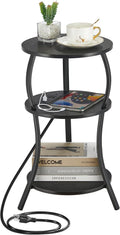 Small Round Side Table with Charging Station, Black - 3-Tier Compact