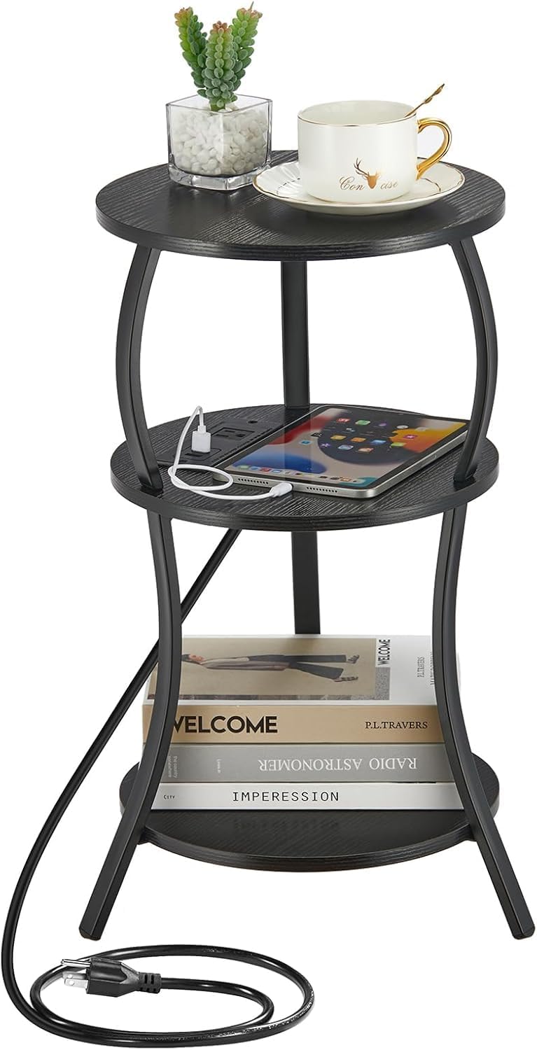 Small Round Side Table with Charging Station for Compact Spaces