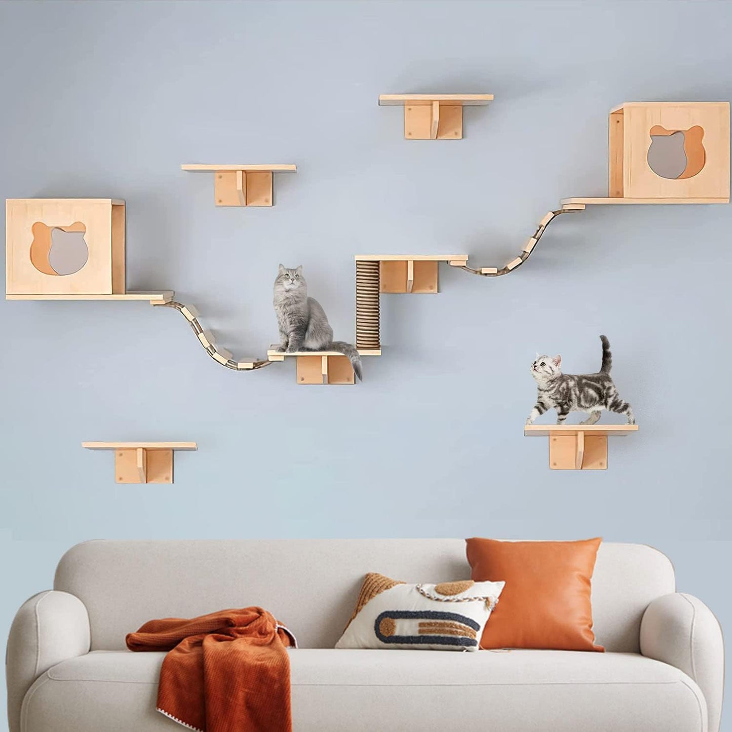 Cat Wall Shelves Set with Condos, Steps, and Scratching Post