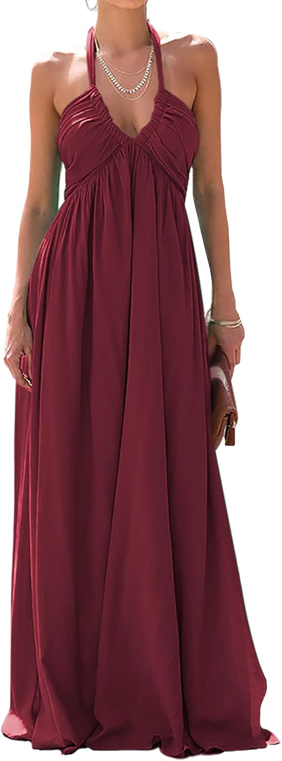 Maxi Dresses for Women 2025 Sexy Halter V Neck Backless Sundress