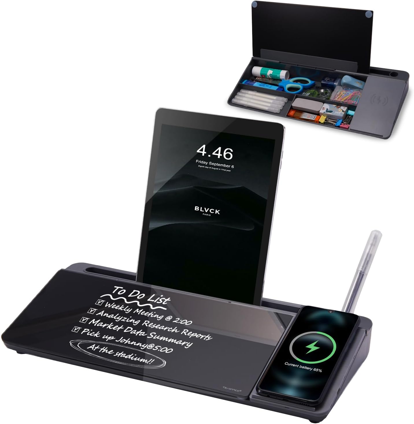 Small Glass Desktop Whiteboard with Wireless Charger and Drawer