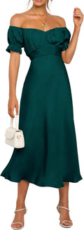 Off Shoulder Satin Midi Dress - Elegant Wrap Ruched Cocktail Midi