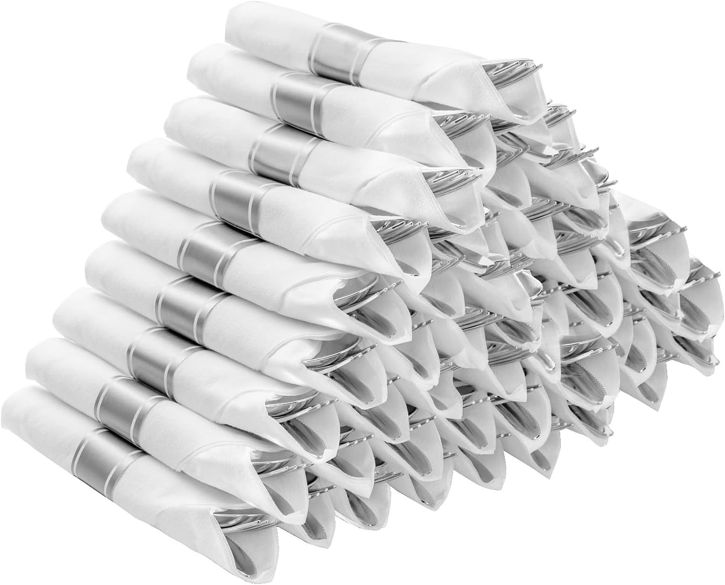 50 Pack Pre Rolled Silver Plastic Silverware Set for Parties