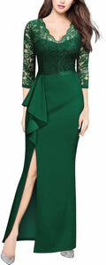 Vintage Floral Lace Ruffle Half Sleeve Evening Dress - Floor Length