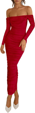 PRETTYGARDEN Off Shoulder Mesh Ruched Bodycon Maxi Dress - Wedding