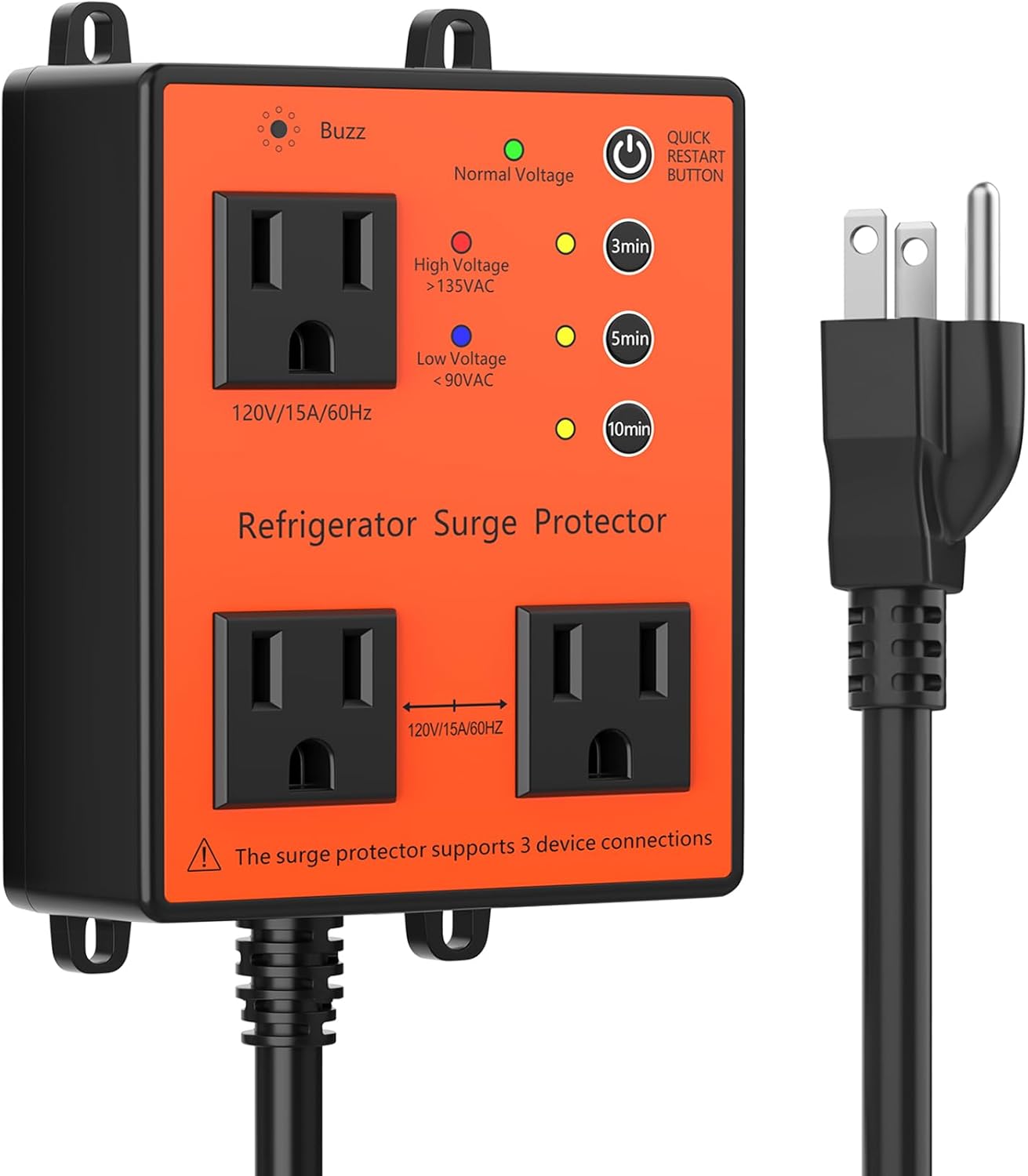 Refrigerator Surge Protector with 3 Outlets and Alarm Feature