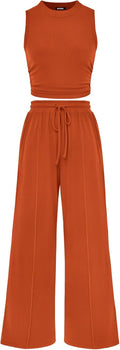 Women Summer 2 Piece Outfits Sleeveless Cropped Top & Wide Leg Pants