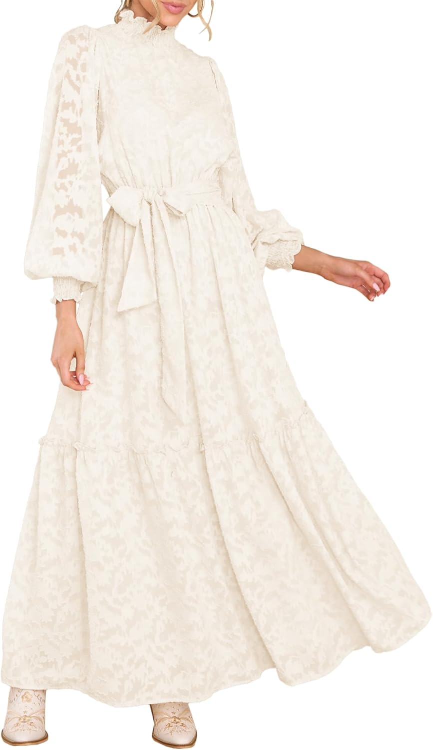 Elegant Floral High Neck Long Sleeve Maxi Dress for Women