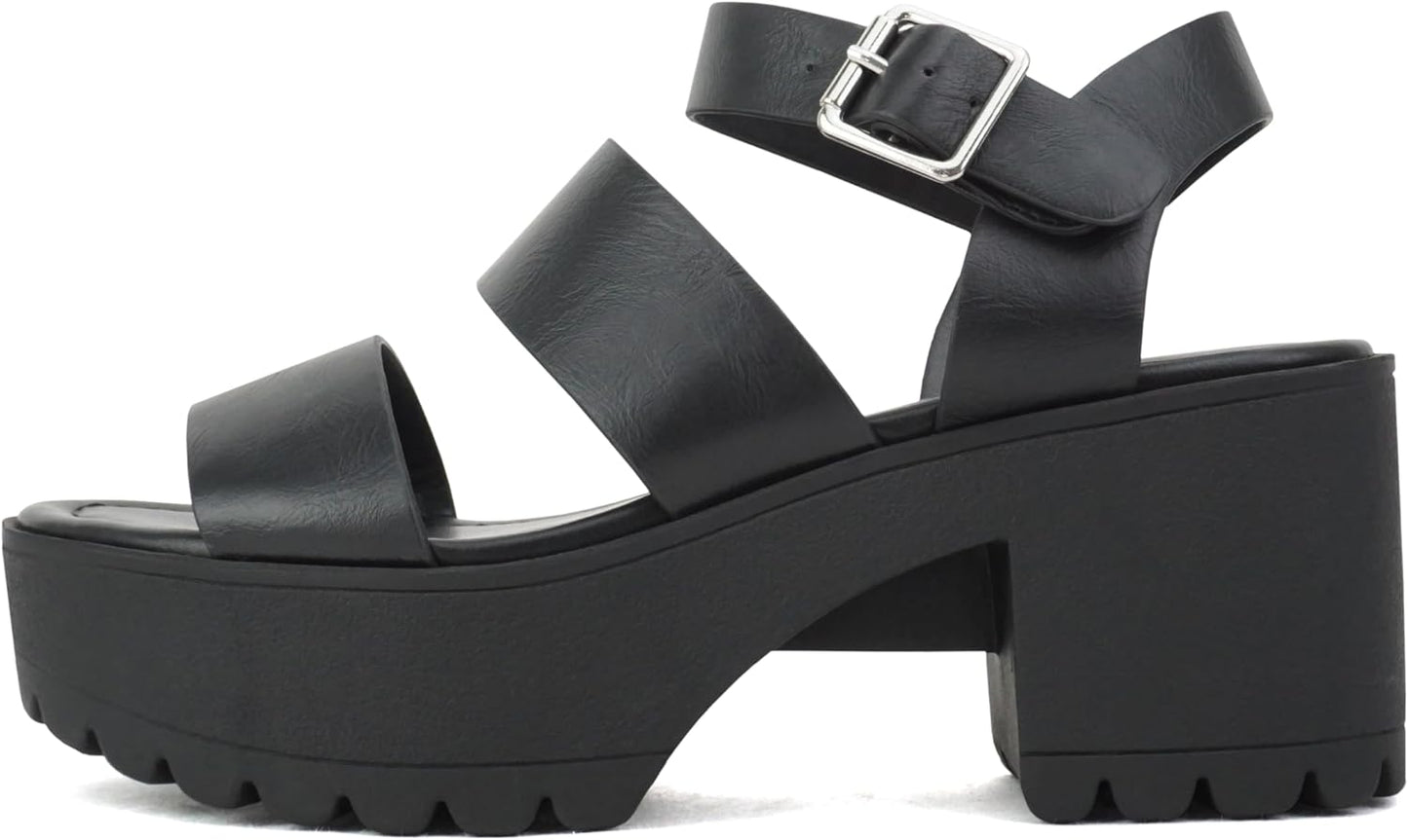 Soda Women Open Toe Two Bands Block Heel Sandals with Strap