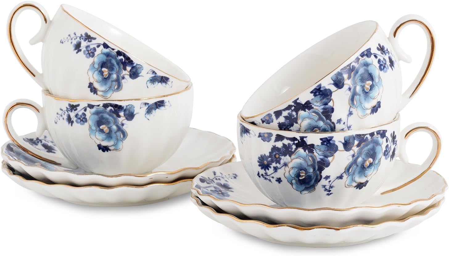 Floral Tea Cups with Gold Trim - Elegant Porcelain Set