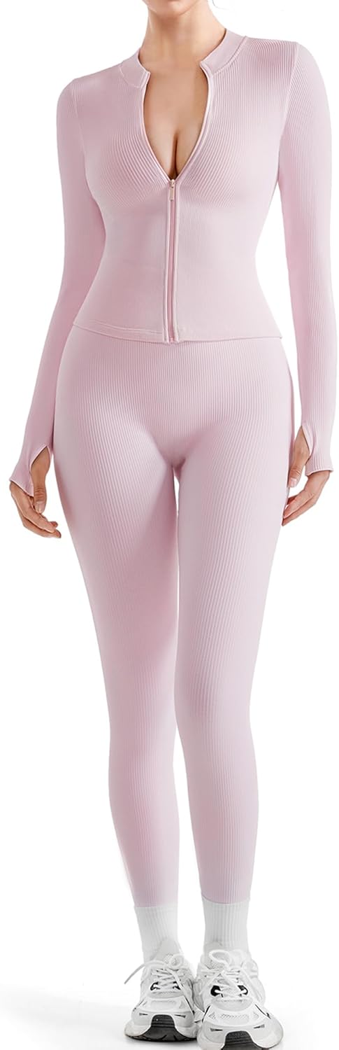 SUUKSESS Women 2 Piece Seamless Ribbed Workout Sets for Fitness