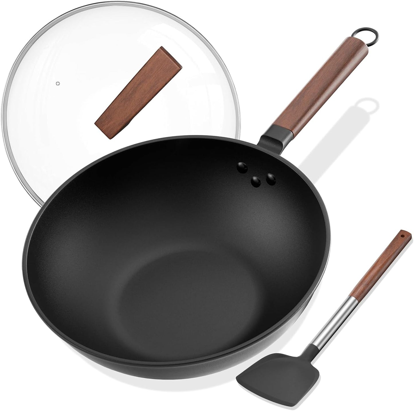 Carbon Steel Wok with Glass Cover and Silicone Spatula, 13-Inch