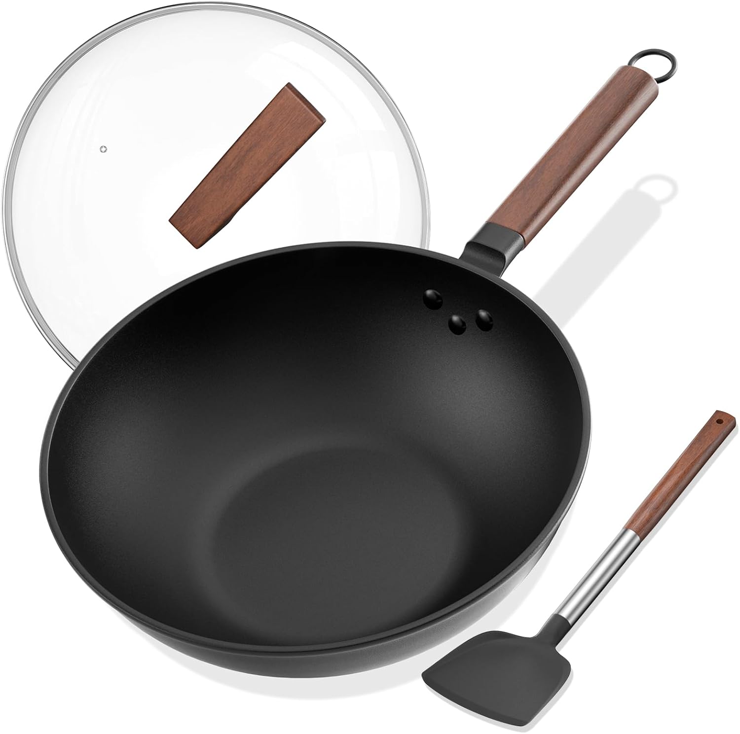 Carbon Steel Wok with Glass Cover and Silicone Spatula, 13-Inch