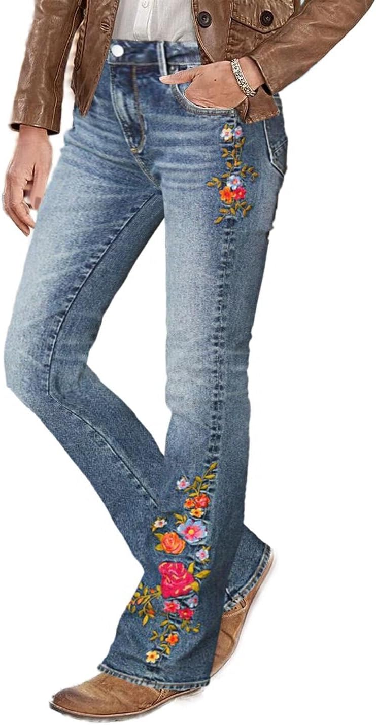 Flamingals Women's Floral Embroidery Bootcut Jeans with Pockets
