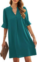 JOCAFIYE Womens V-Neck Ruffled Short Sleeve Dress - Casual Shift Fit