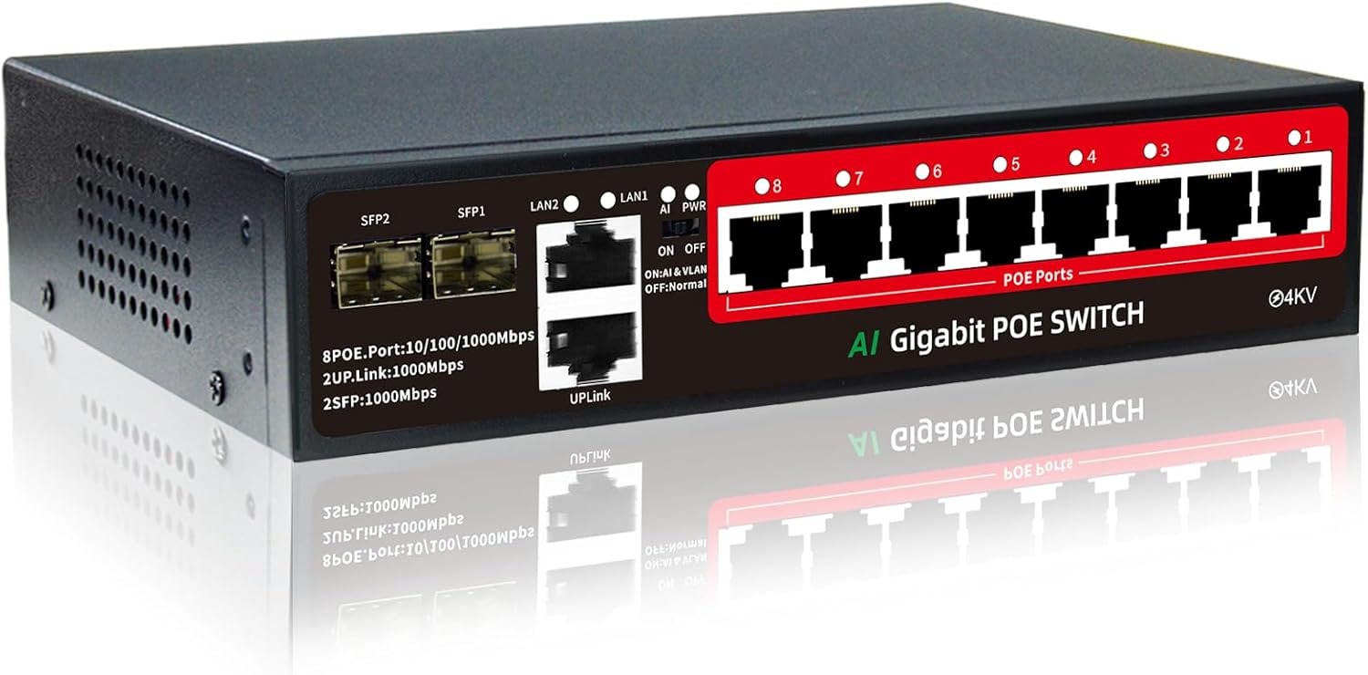STEAMEMO 8-Port Gigabit PoE Switch with AI VLAN Mode and 120W