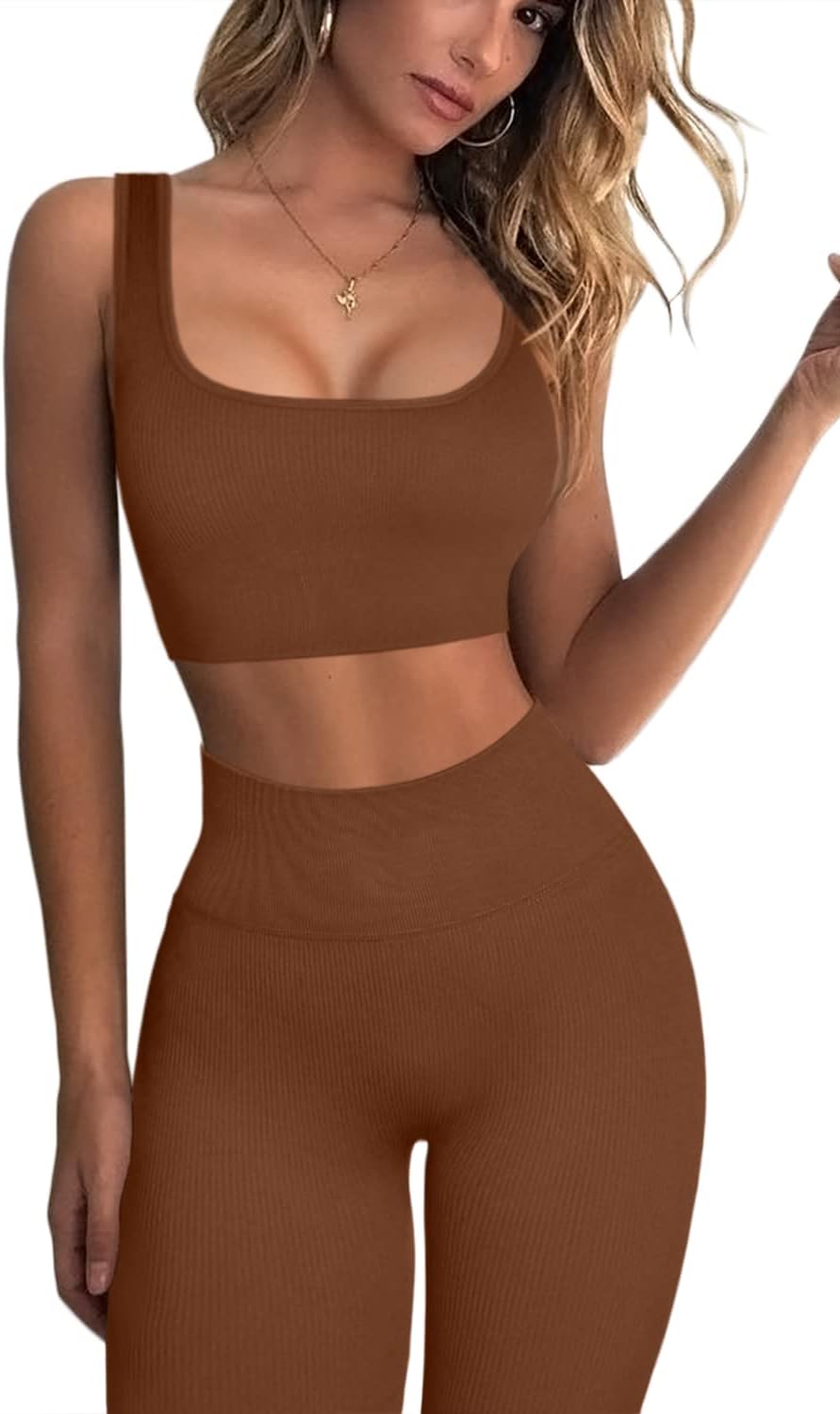 QINSEN Ribbed Workout Outfits for Women: Seamless Sport Bra & Leggings