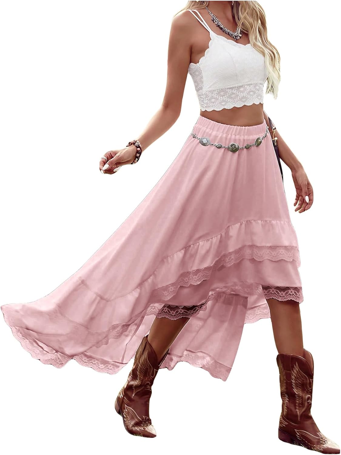 Verdusa Women's Western Boho Lace Ruffle Skirt for Concerts