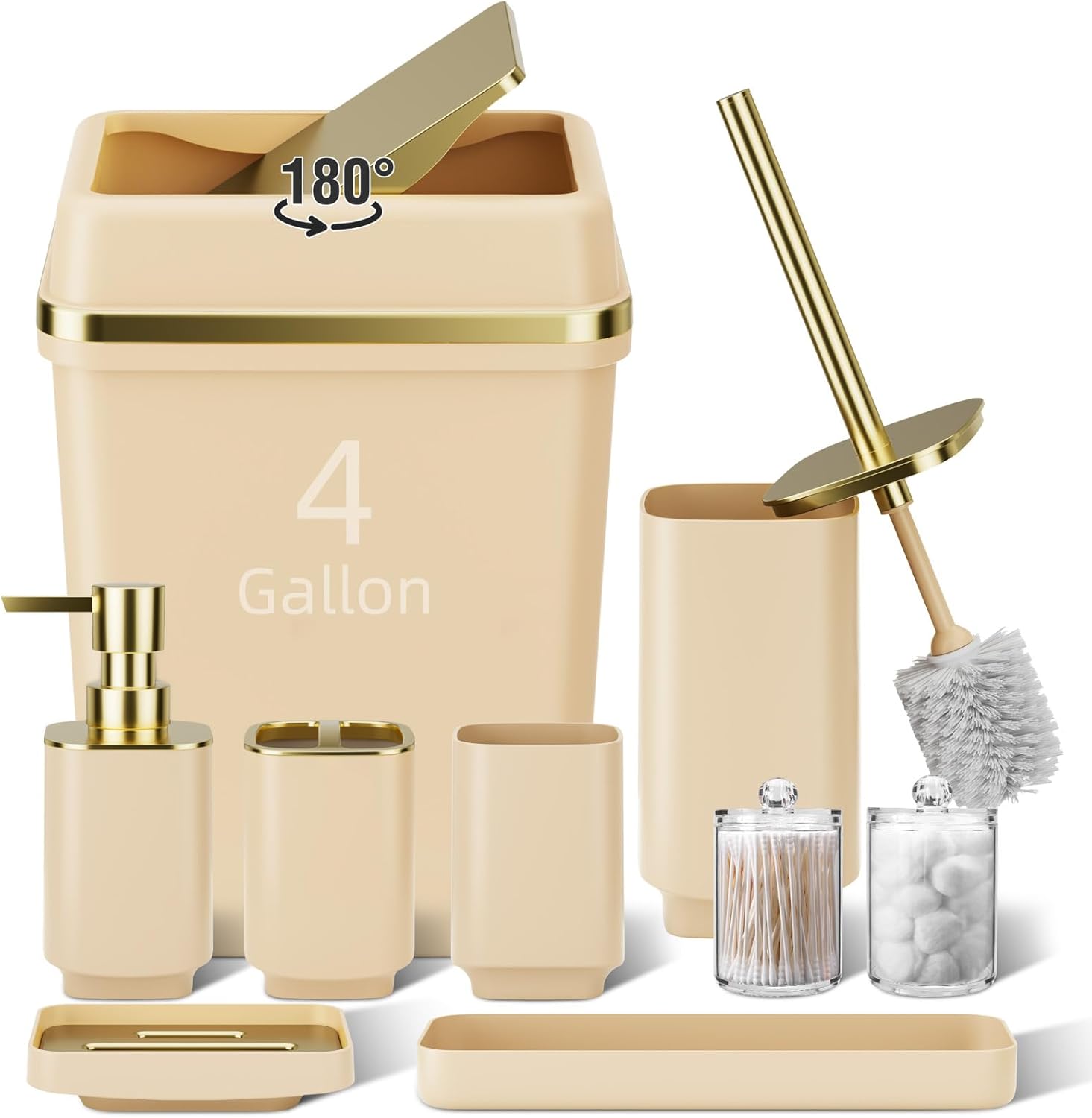 9PCS Beige Bathroom Accessory Set with Large Trash Can