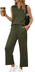Two Piece Sets for Women Sleeveless V Neck Top Wide Leg Pant Lounge
