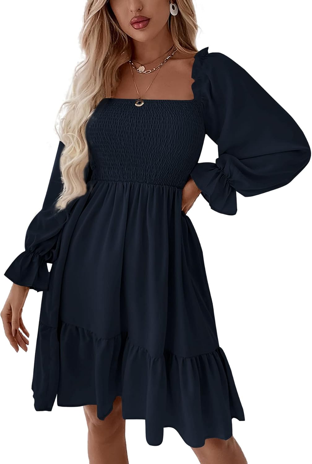 LYANER Women's Square Neck Lantern Sleeve Ruffle Mini Dress