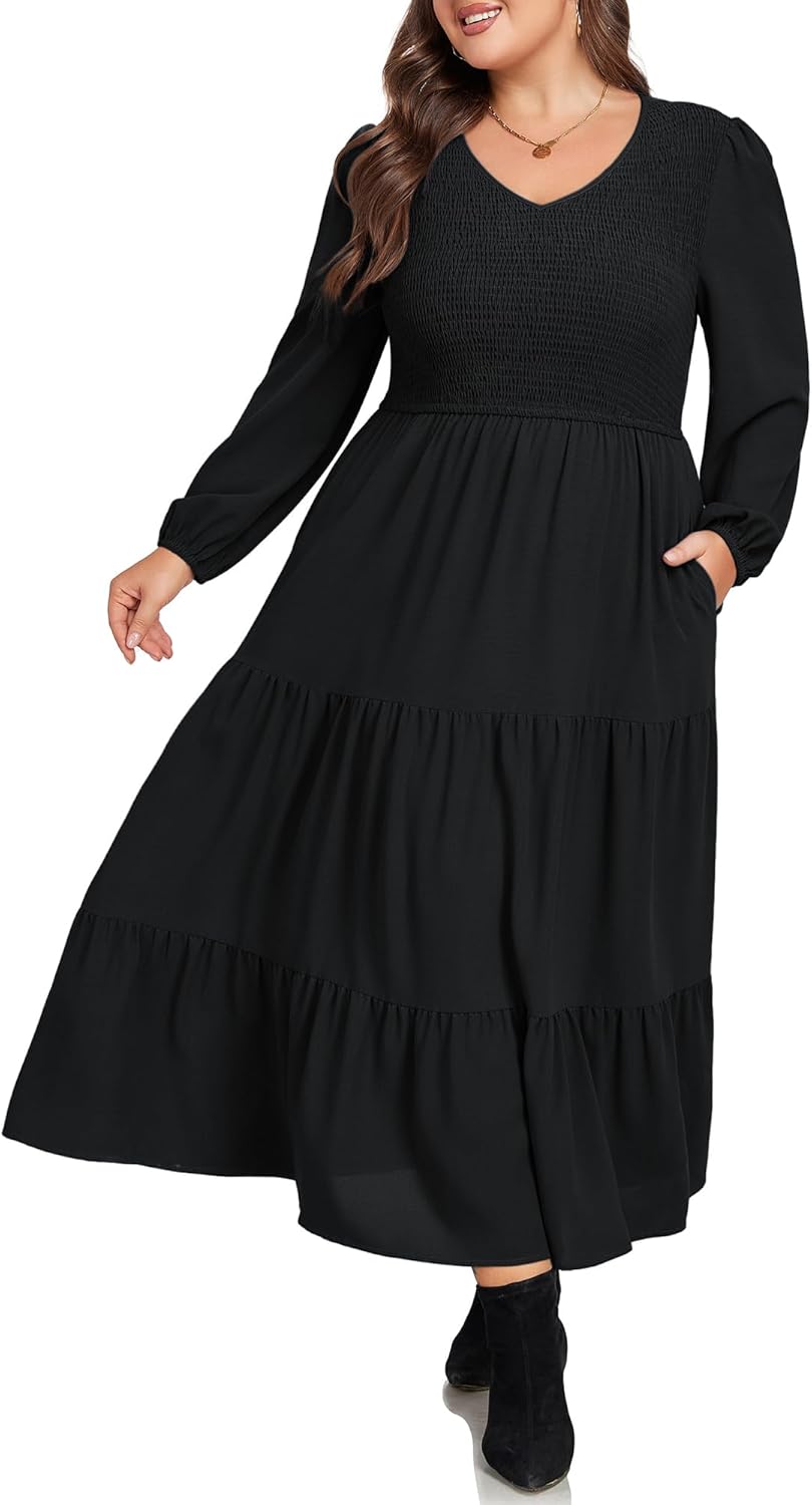 Hanna Nikole Plus Size Fall Dresses Long Sleeve V Neck Maxi