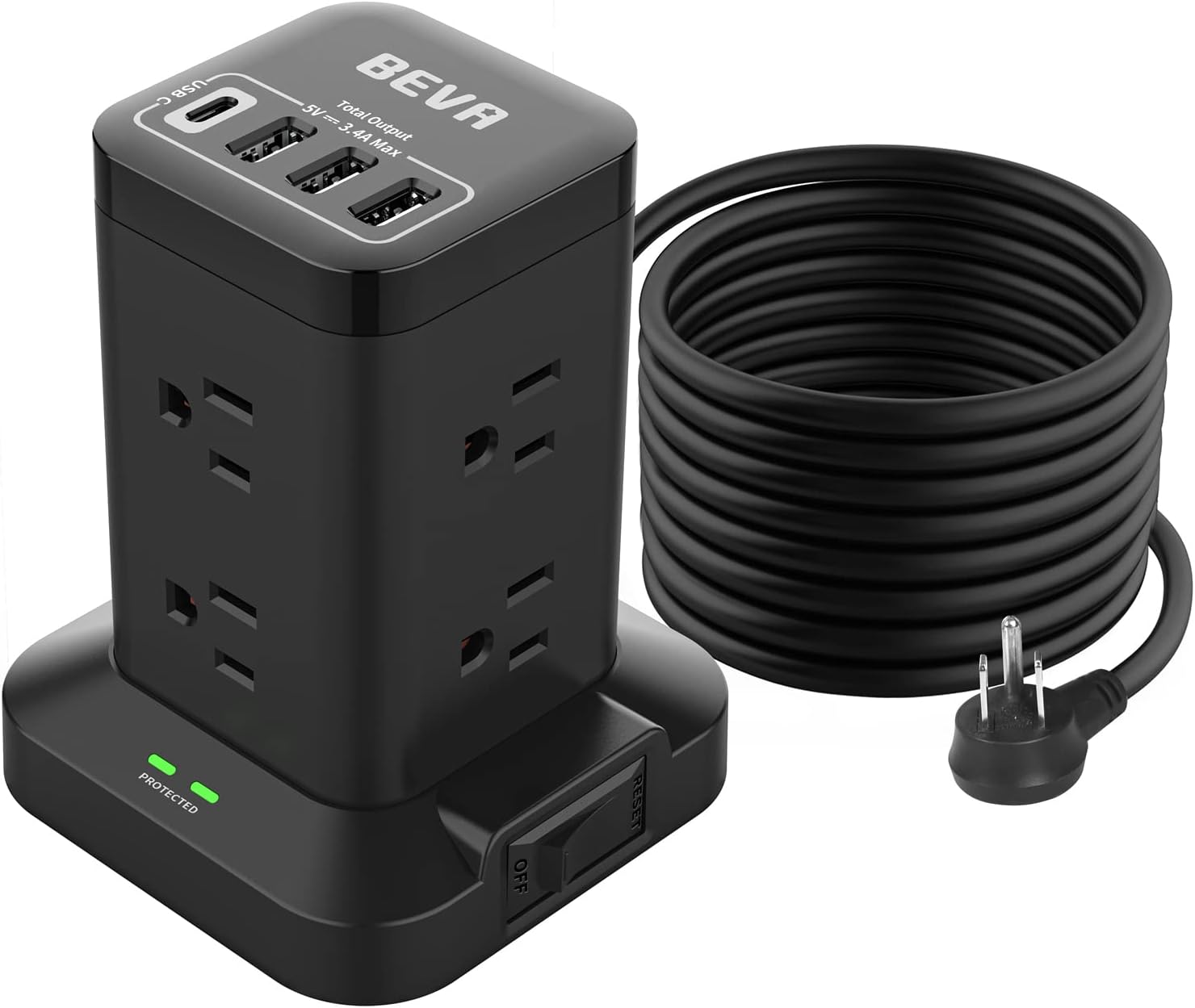 BEVA Power Strip Tower: 8 AC + 4 USB Ports