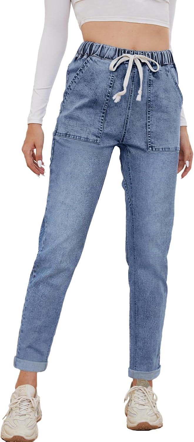 Womens Pull-on Jeans Stretch High Waisted Elastic Waist Denim Joggers