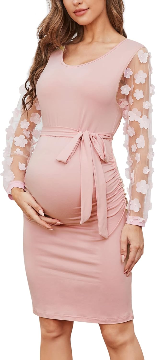 Floral Mesh Bishop Long Sleeve Maternity Midi Dress for Baby Shower