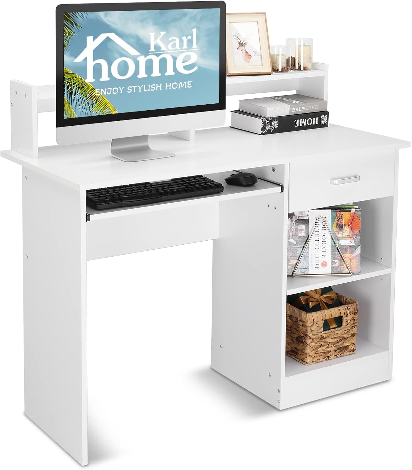 White Wooden Home Office Desk with Drawer & Shelf