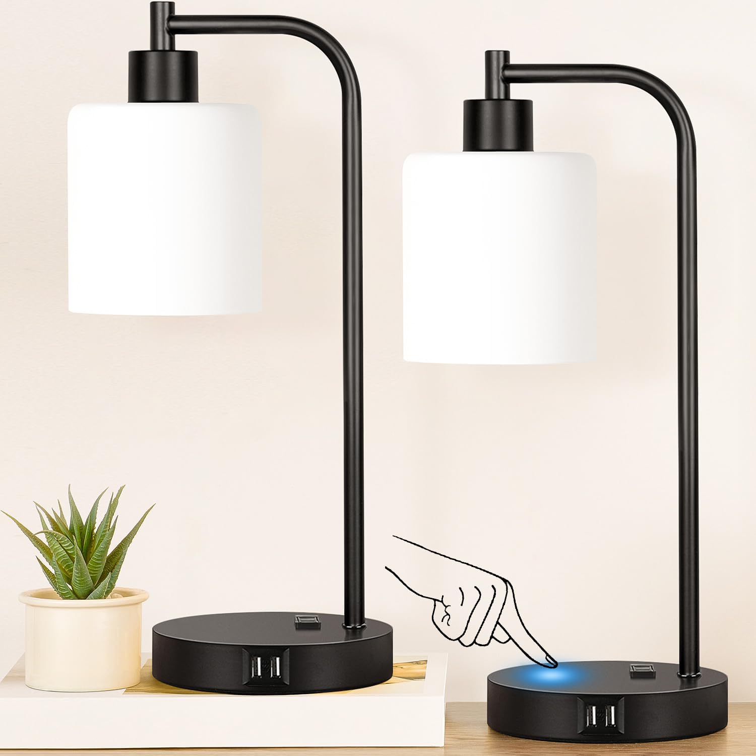 Set of 2 Industrial Touch Control Table Lamps with USB Ports