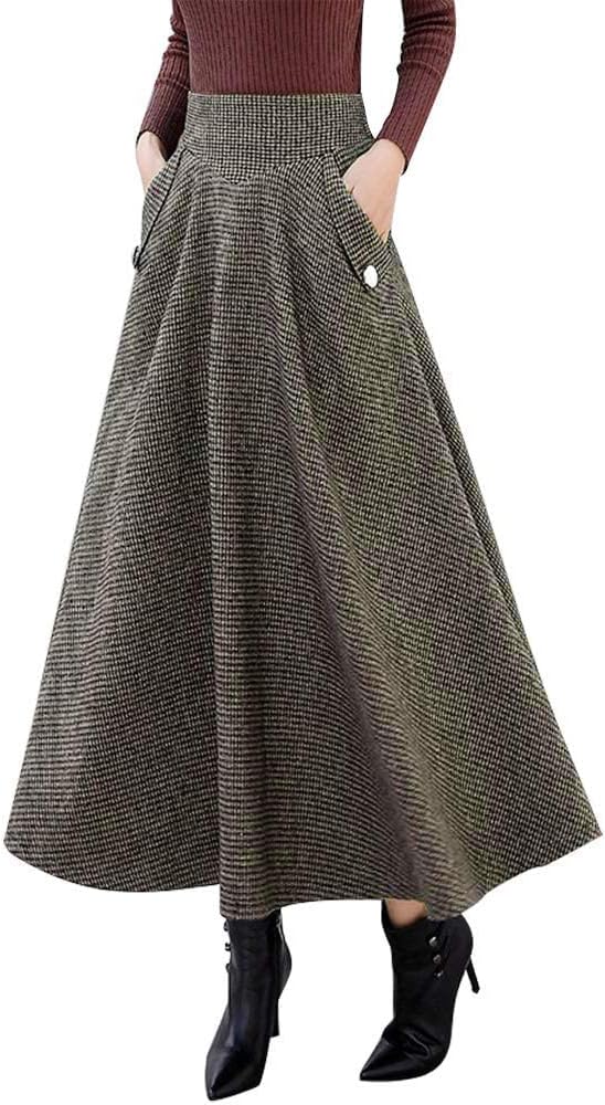 IDEALSANXUN Womens High Waisted Wool Plaid A-line Long Skirt