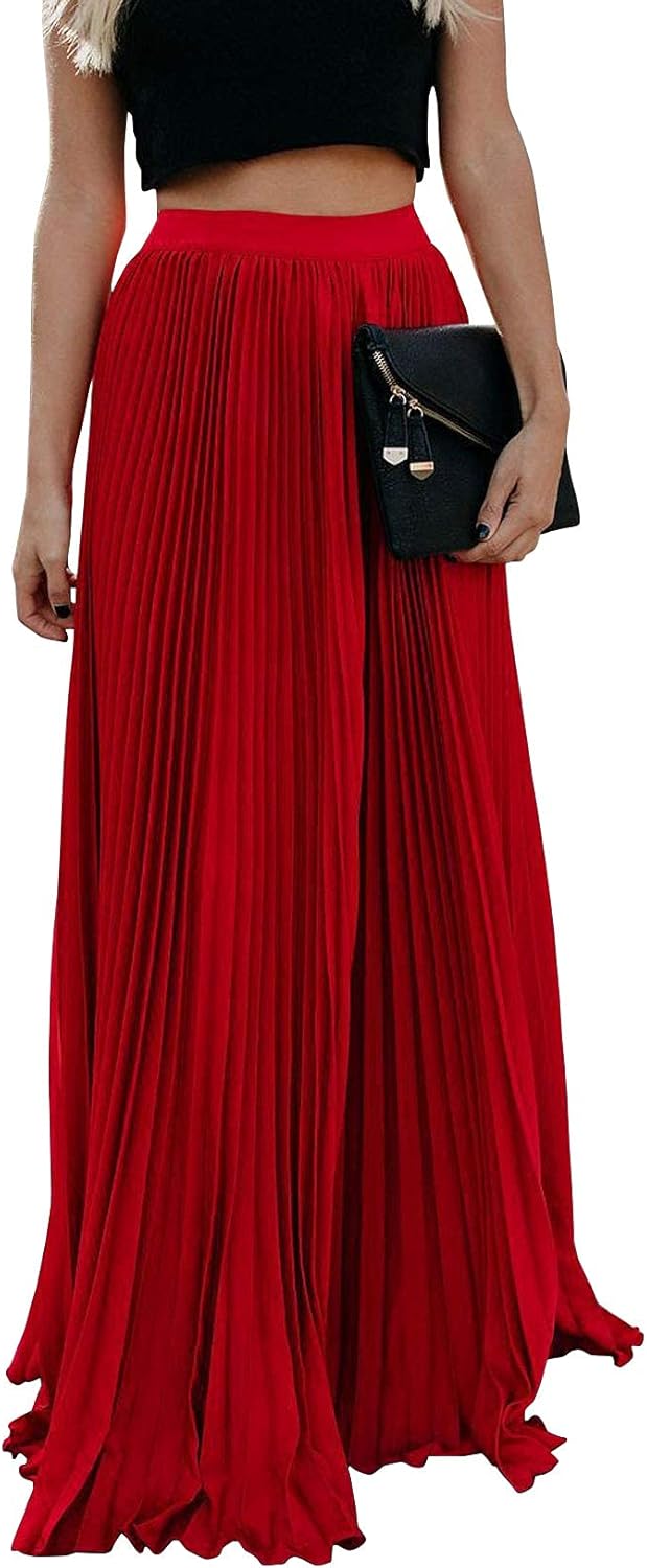 High Waist Flowy Pleated Chiffon Maxi Skirt for Women
