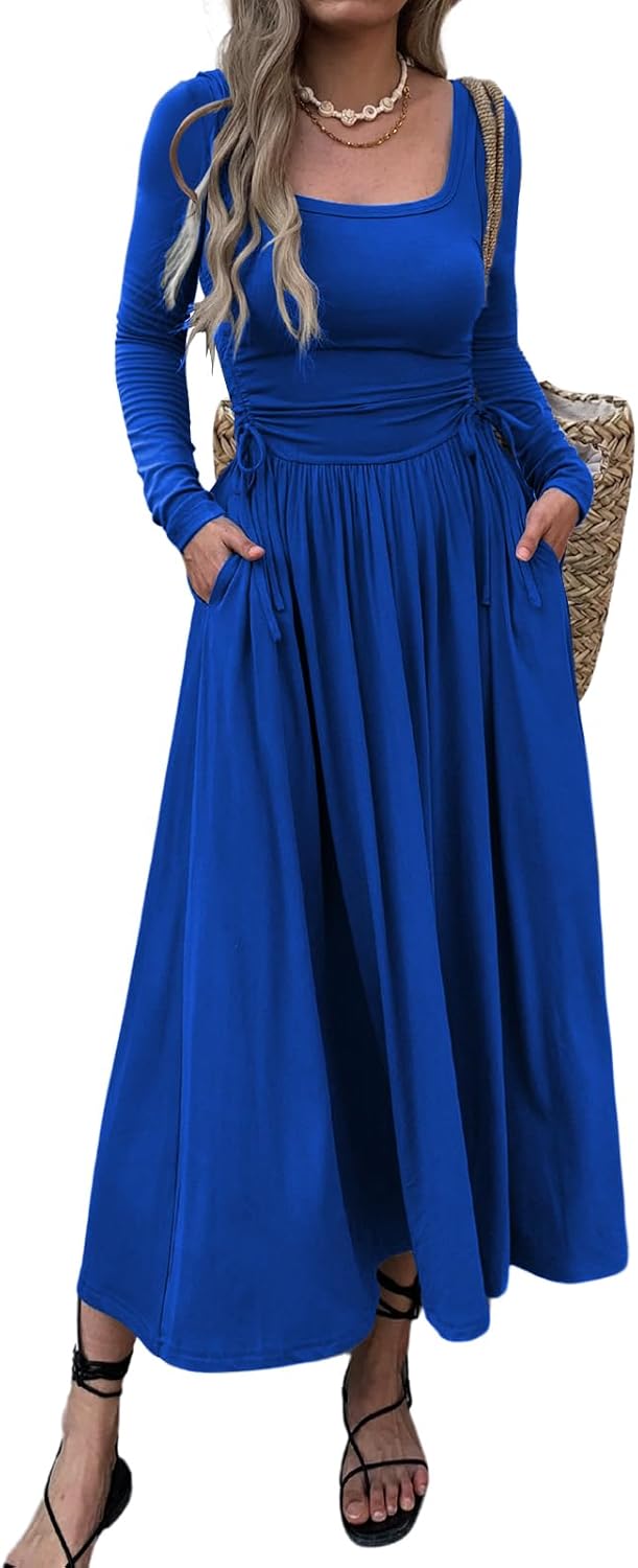 Womens Long Sleeve Square Neck Maxi Dress with Pockets