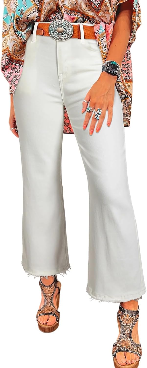 Astylish Womens High Waisted Jeans with Flared Raw Hem Design