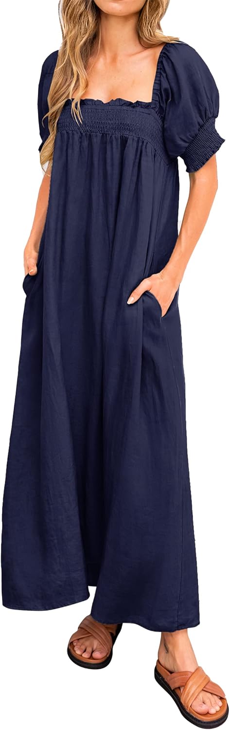 KIRUNDO Women Summer Maxi Dress with Puff Sleeves and Pockets