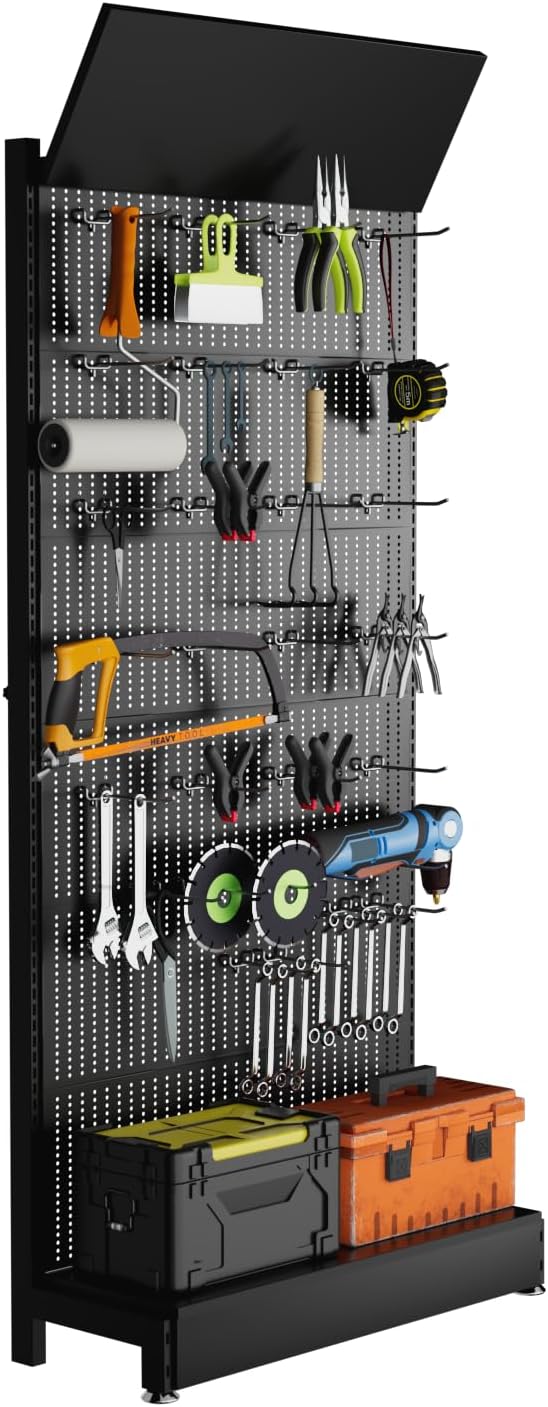 Metal Pegboard Shelf with 30 Hooks for Garage and Home Use