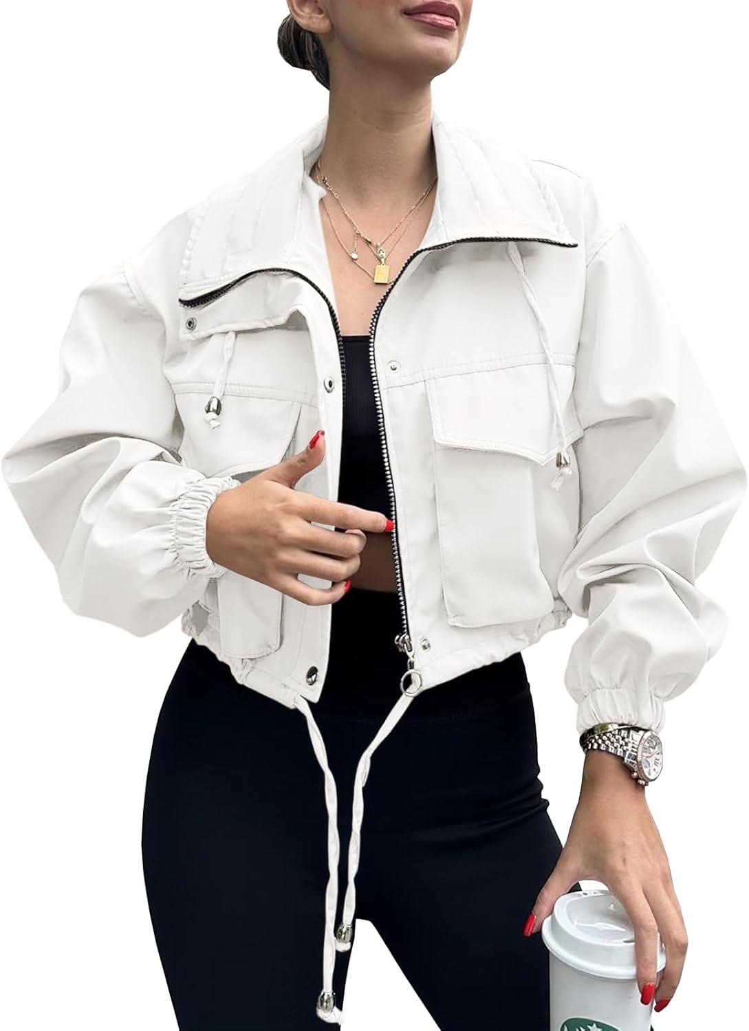 Tankaneo Womens Cropped Jacket Zip Up Lightweight Utility Coat