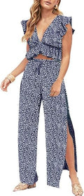 Elegant Women's Two-Piece Deep V Neck Crop Top Outfit Set