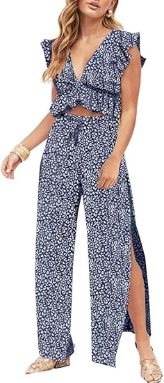 FANCYINN Womens 2 Pieces Outfits Deep V Neck Crop Top Set